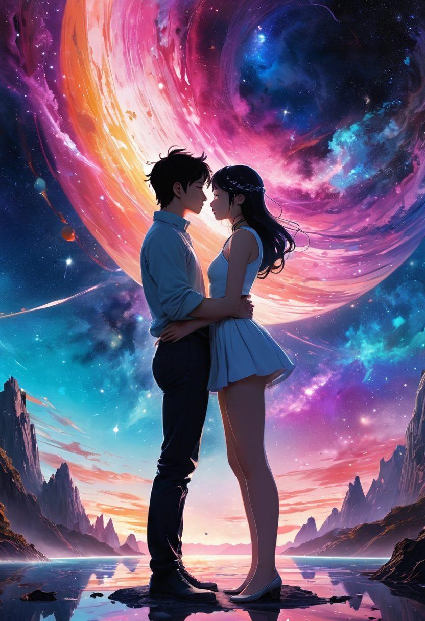 An imaginative cosmic landscape filled with vibrant colors, showcasing animated characters in playful, sensual poses amidst swirling galaxies and stars. Include elements of manga art style, emphasizing bold lines and expressive emotions. Feature ethereal creatures and futuristic technology to symbolize the fusion of sexuality and fantasy. Incorporate a dreamy, whimsical vibe to capture the essence of adult animation and manga. super-realistic. vibrant colors. cosmic theme.