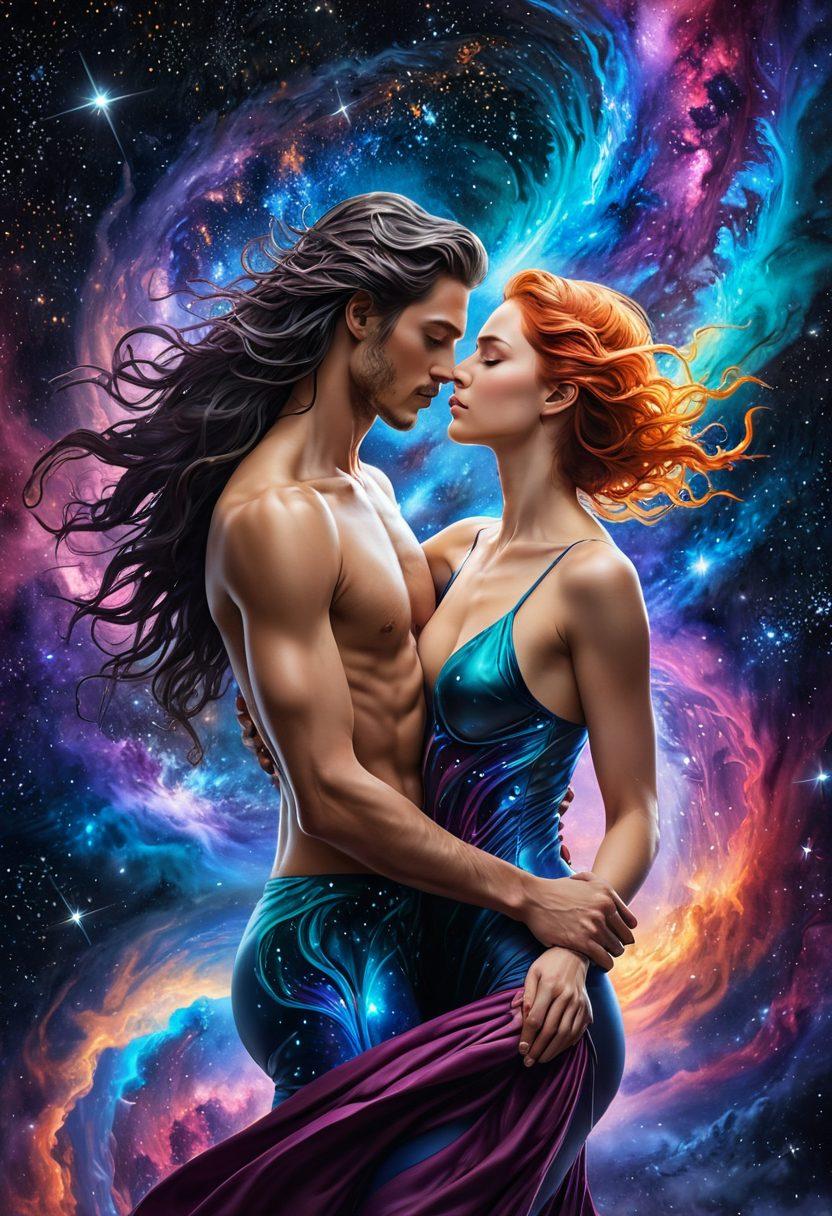 A mesmerizing cosmic scene filled with swirling galaxies and vibrant nebulae, intertwined with sensual figures inspired by erotic art. Include bold colors and fluid lines that suggest movement and intimacy, showcasing various poses from hentai and adult animation styles. The backdrop should be a starry universe, creating a juxtaposition of the celestial and the erotic. Make it enchanting and alluring to captivate the viewer's imagination. super-realistic. vibrant colors. digital painting.